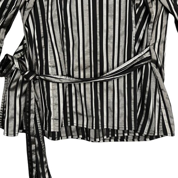 Lane Bryant Striped Wrap Top Sz 22 24 V Neck Metallic Black Silver Collard - Picture 8 of 9